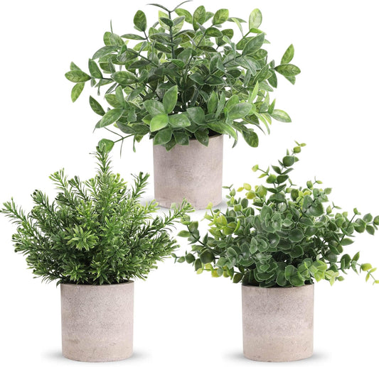 3 Pack Fake Plants Artificial Plants for Office Bathroom Decor | Sage green frosted eucalyptus, pet and child safe, maintenance-free, desk shelf kitchen bedroom coffee table farmhouse decor