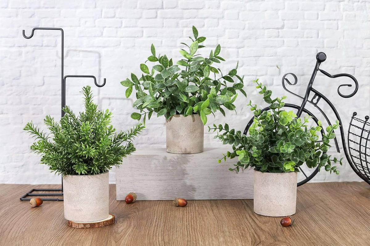 3 Pack Fake Plants Artificial Plants for Office Bathroom Decor | Sage green frosted eucalyptus, pet and child safe, maintenance-free, desk shelf kitchen bedroom coffee table farmhouse decor