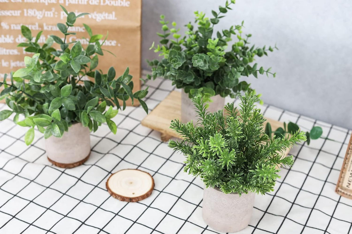 3 Pack Fake Plants Artificial Plants for Office Bathroom Decor | Sage green frosted eucalyptus, pet and child safe, maintenance-free, desk shelf kitchen bedroom coffee table farmhouse decor