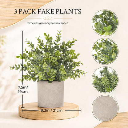 3 Pack Fake Plants Artificial Plants for Office Bathroom Decor | Sage green frosted eucalyptus, pet and child safe, maintenance-free, desk shelf kitchen bedroom coffee table farmhouse decor
