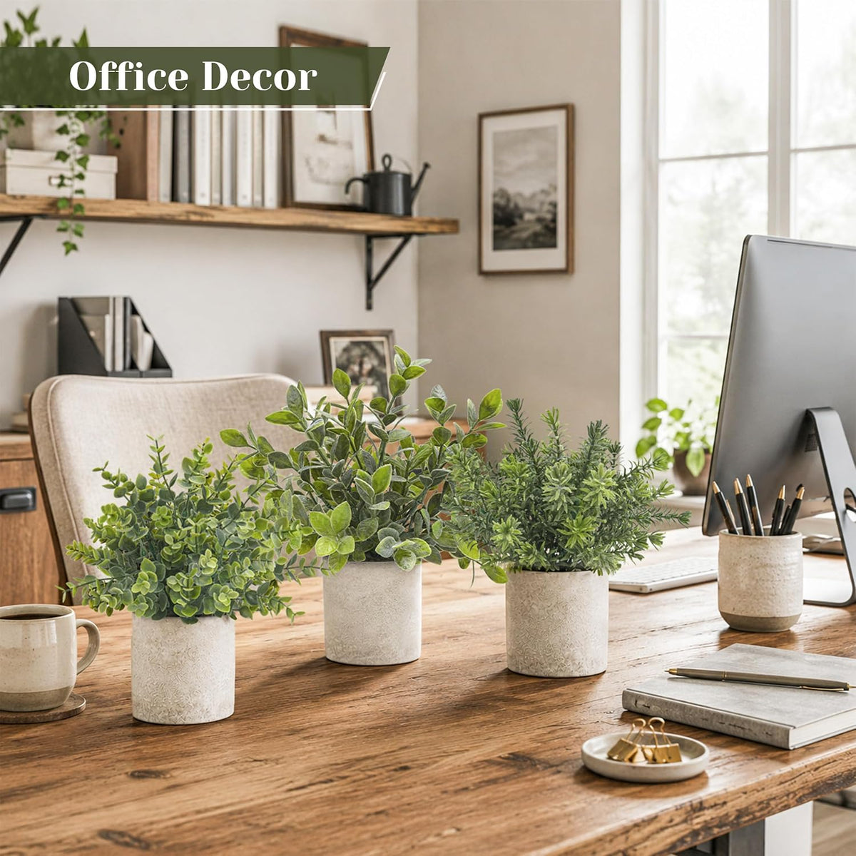 3 Pack Fake Plants Artificial Plants for Office Bathroom Decor | Sage green frosted eucalyptus, pet and child safe, maintenance-free, desk shelf kitchen bedroom coffee table farmhouse decor