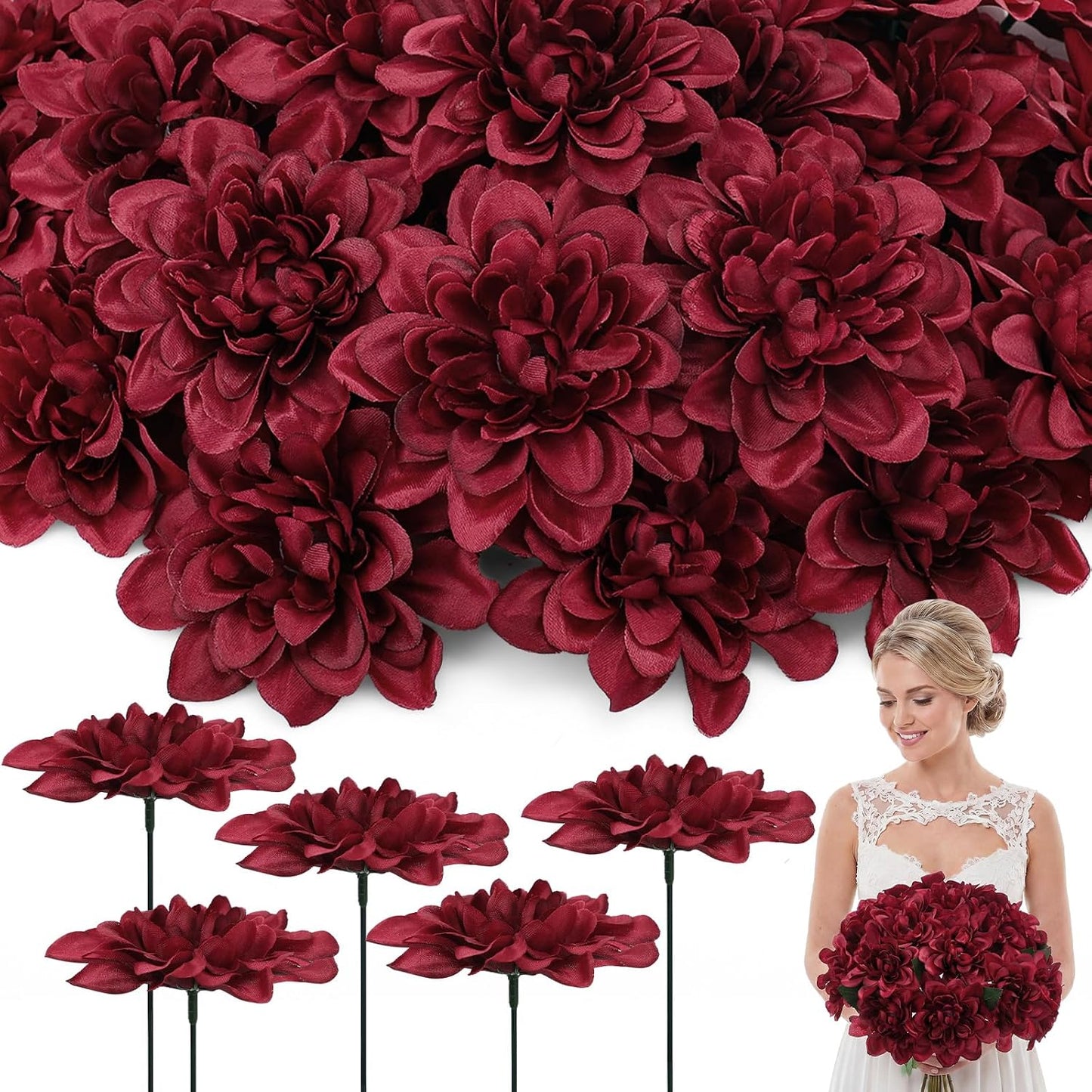 50 Pack Burgundy Artificial Dahlia Flowers 3.94" Silk Flower Heads with 7.87" Bendable Wire Stems Bulk Fake Dahlias for Wedding Bouquets, Centerpieces, Home & DIY Floral Arrangements