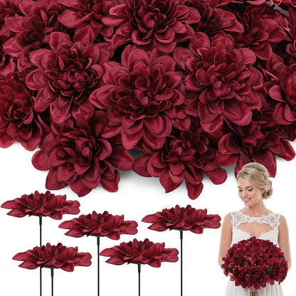 50 Pack Burgundy Artificial Dahlia Flowers 3.94" Silk Flower Heads with 7.87" Bendable Wire Stems Bulk Fake Dahlias for Wedding Bouquets, Centerpieces, Home & DIY Floral Arrangements