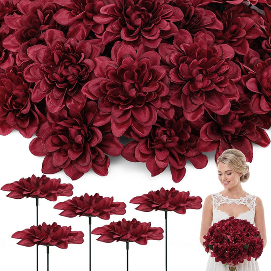 50 Pack Burgundy Artificial Dahlia Flowers 3.94" Silk Flower Heads with 7.87" Bendable Wire Stems Bulk Fake Dahlias for Wedding Bouquets, Centerpieces, Home & DIY Floral Arrangements