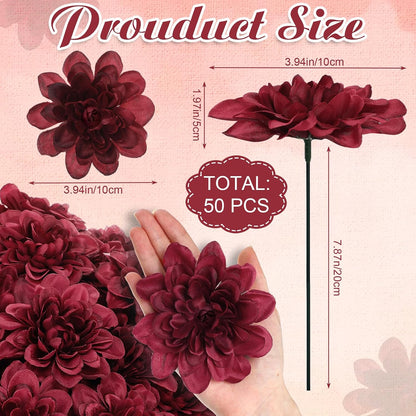 50 Pack Burgundy Artificial Dahlia Flowers 3.94" Silk Flower Heads with 7.87" Bendable Wire Stems Bulk Fake Dahlias for Wedding Bouquets, Centerpieces, Home & DIY Floral Arrangements