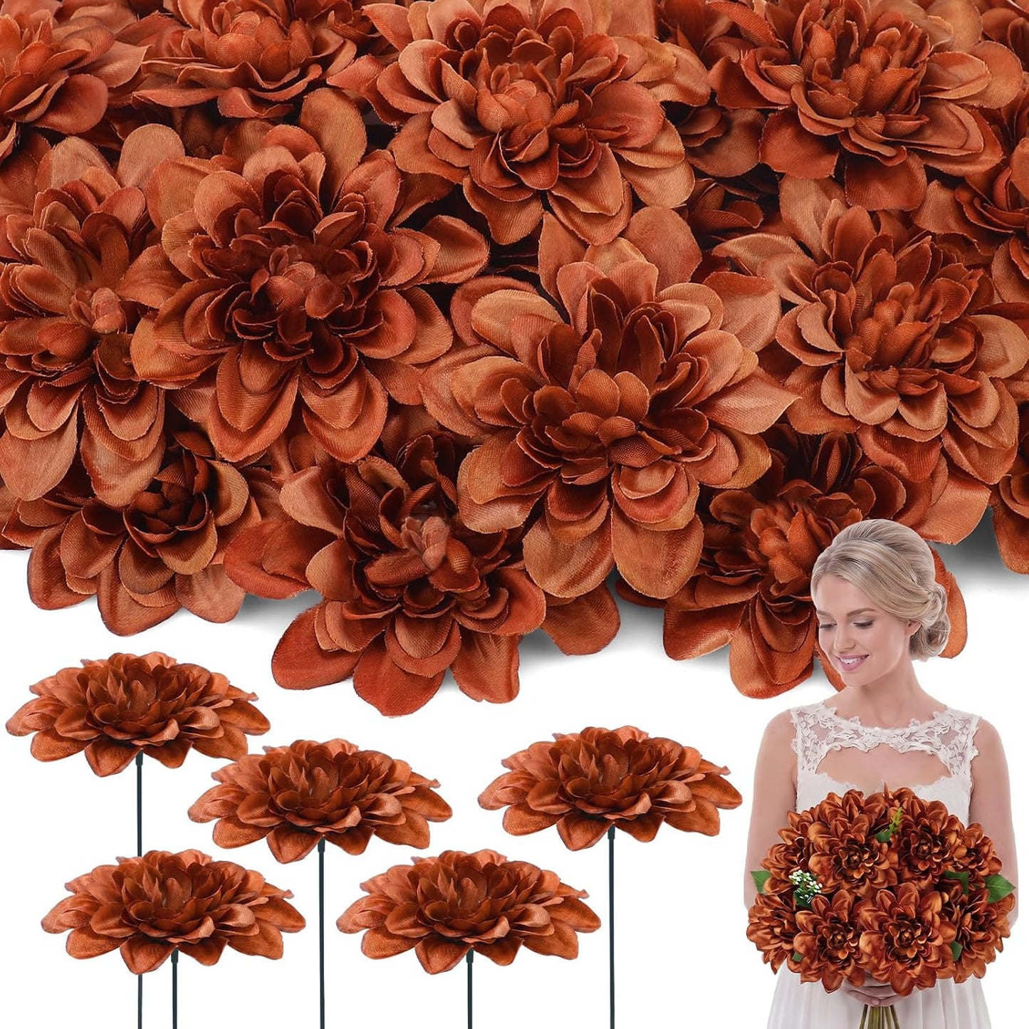 50 Pack Burgundy Artificial Dahlia Flowers 3.94" Silk Flower Heads with 7.87" Bendable Wire Stems Bulk Fake Dahlias for Wedding Bouquets, Centerpieces, Home & DIY Floral Arrangements