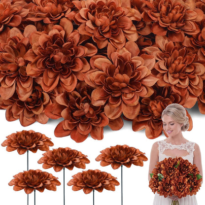 50 Pack Burgundy Artificial Dahlia Flowers 3.94" Silk Flower Heads with 7.87" Bendable Wire Stems Bulk Fake Dahlias for Wedding Bouquets, Centerpieces, Home & DIY Floral Arrangements