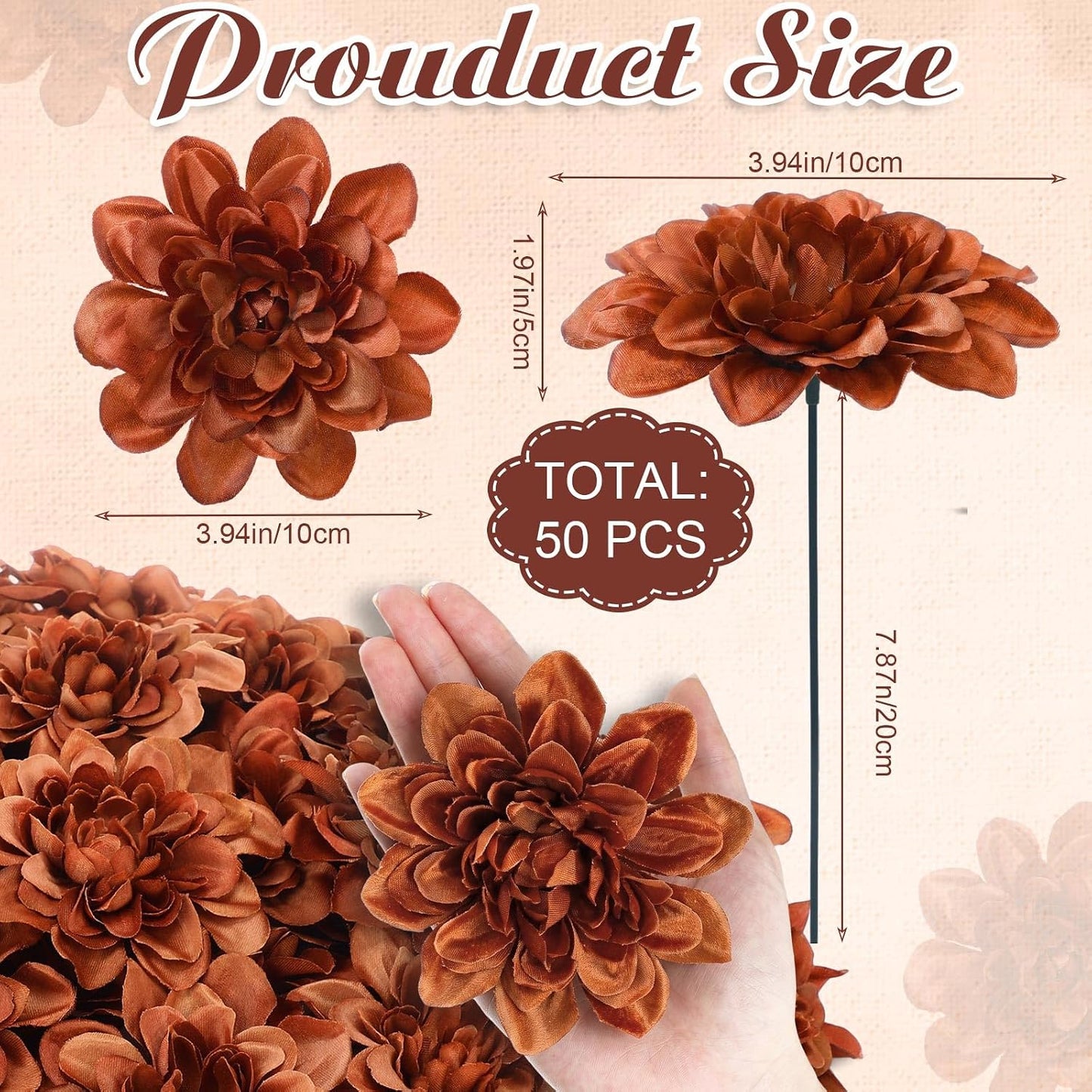 50 Pack Burgundy Artificial Dahlia Flowers 3.94" Silk Flower Heads with 7.87" Bendable Wire Stems Bulk Fake Dahlias for Wedding Bouquets, Centerpieces, Home & DIY Floral Arrangements