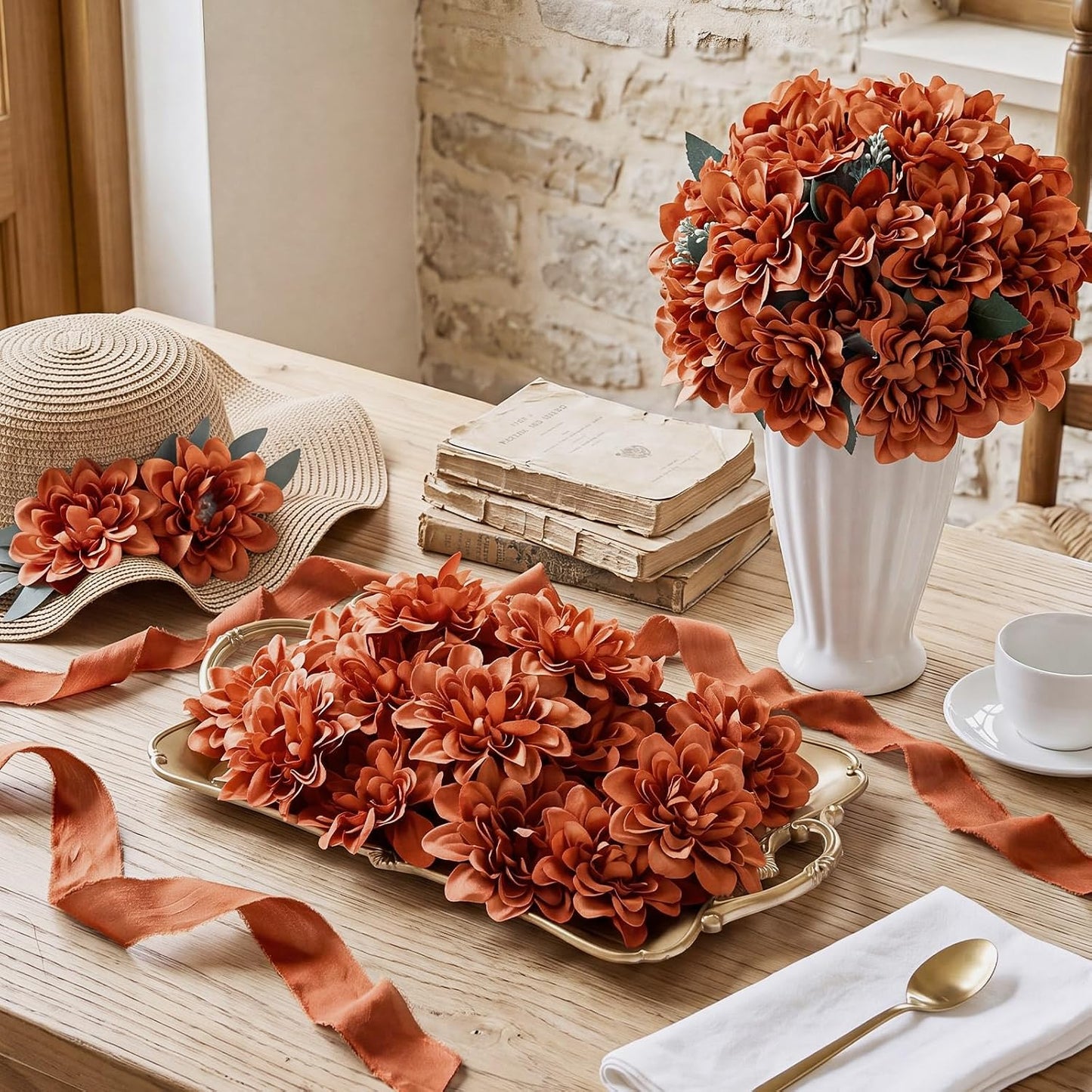 50 Pack Burgundy Artificial Dahlia Flowers 3.94" Silk Flower Heads with 7.87" Bendable Wire Stems Bulk Fake Dahlias for Wedding Bouquets, Centerpieces, Home & DIY Floral Arrangements