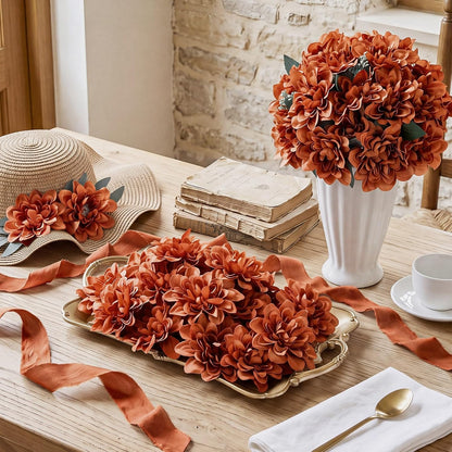 50 Pack Burgundy Artificial Dahlia Flowers 3.94" Silk Flower Heads with 7.87" Bendable Wire Stems Bulk Fake Dahlias for Wedding Bouquets, Centerpieces, Home & DIY Floral Arrangements