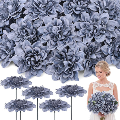 50 Pack Burgundy Artificial Dahlia Flowers 3.94" Silk Flower Heads with 7.87" Bendable Wire Stems Bulk Fake Dahlias for Wedding Bouquets, Centerpieces, Home & DIY Floral Arrangements