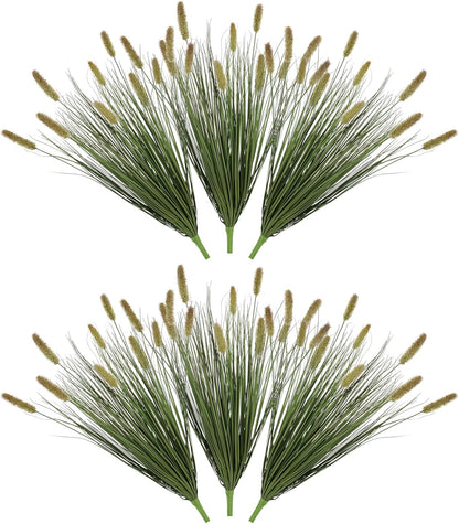 24 inches Extra Lush Artificial Reed Grass (6pcs), Luxury Fake Plants with 10 Heads Dogtail Flower, Luxury Faux Greenery with Dogtail for Garden Porch and Home Decor (Green-10)