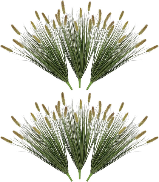 24 inches Extra Lush Artificial Reed Grass (6pcs), Luxury Fake Plants with 10 Heads Dogtail Flower, Luxury Faux Greenery with Dogtail for Garden Porch and Home Decor (Green-10)