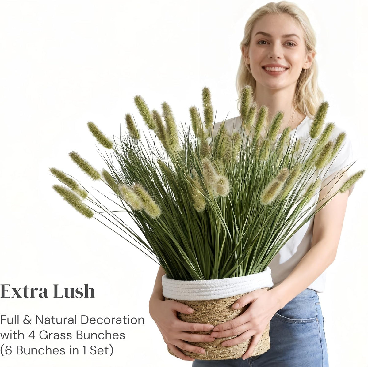 24 inches Extra Lush Artificial Reed Grass (6pcs), Luxury Fake Plants with 10 Heads Dogtail Flower, Luxury Faux Greenery with Dogtail for Garden Porch and Home Decor (Green-10)