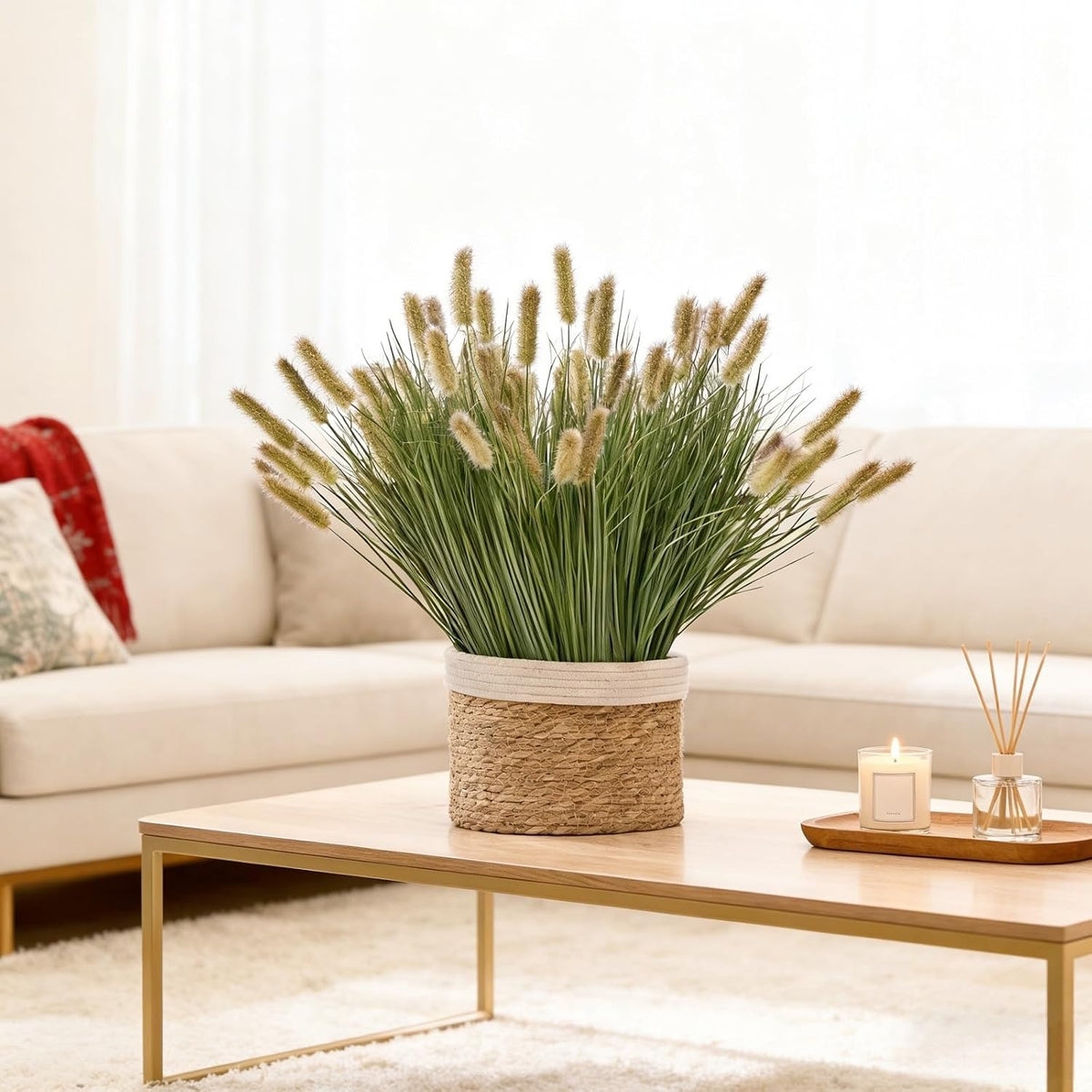 24 inches Extra Lush Artificial Reed Grass (6pcs), Luxury Fake Plants with 10 Heads Dogtail Flower, Luxury Faux Greenery with Dogtail for Garden Porch and Home Decor (Green-10)