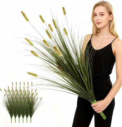 24 inches Extra Lush Artificial Reed Grass (6pcs), Luxury Fake Plants with 10 Heads Dogtail Flower, Luxury Faux Greenery with Dogtail for Garden Porch and Home Decor (Green-10)