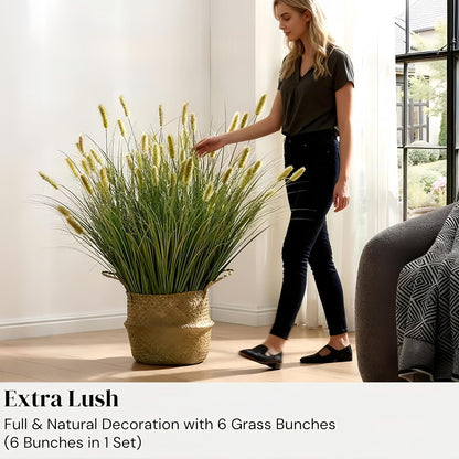 24 inches Extra Lush Artificial Reed Grass (6pcs), Luxury Fake Plants with 10 Heads Dogtail Flower, Luxury Faux Greenery with Dogtail for Garden Porch and Home Decor (Green-10)