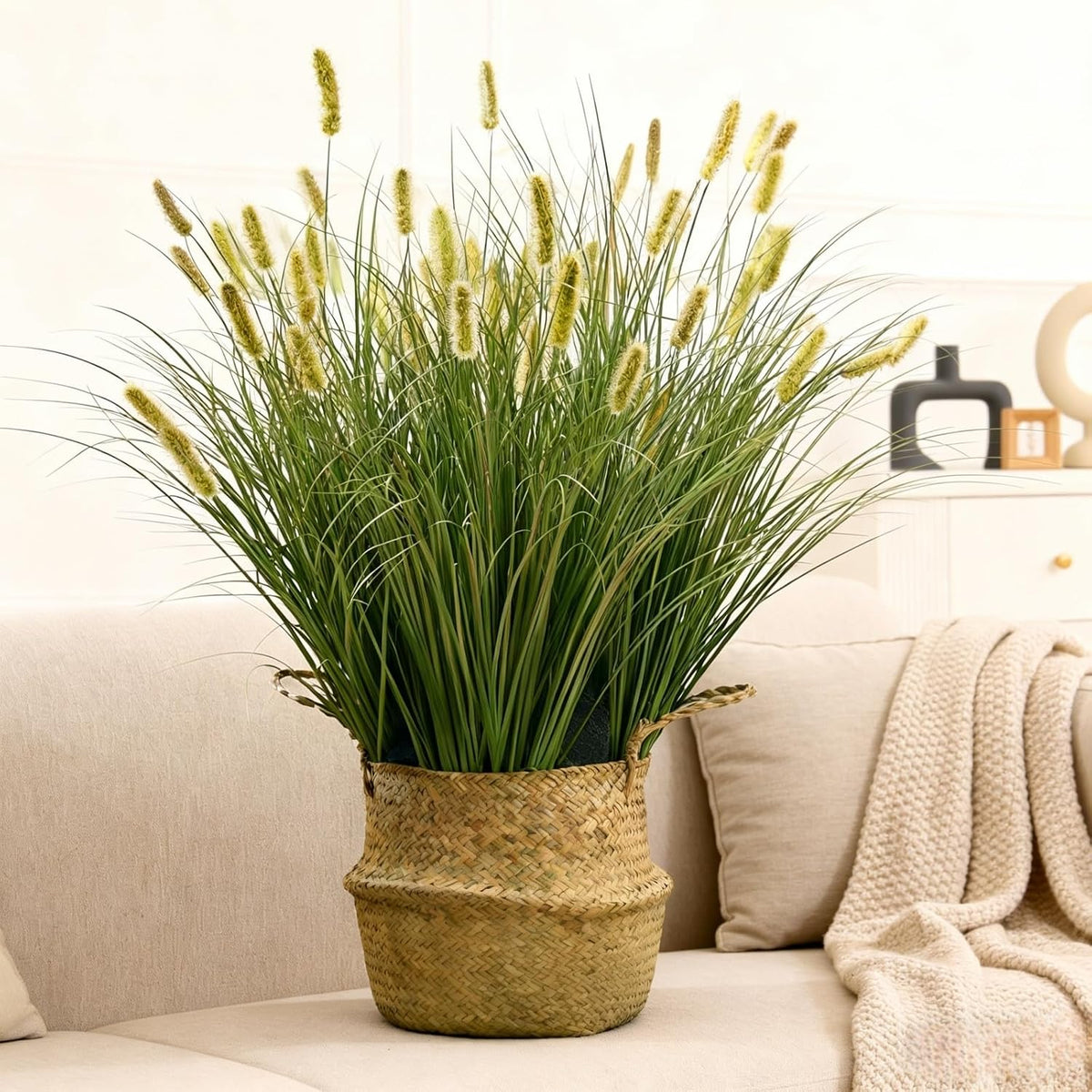 24 inches Extra Lush Artificial Reed Grass (6pcs), Luxury Fake Plants with 10 Heads Dogtail Flower, Luxury Faux Greenery with Dogtail for Garden Porch and Home Decor (Green-10)