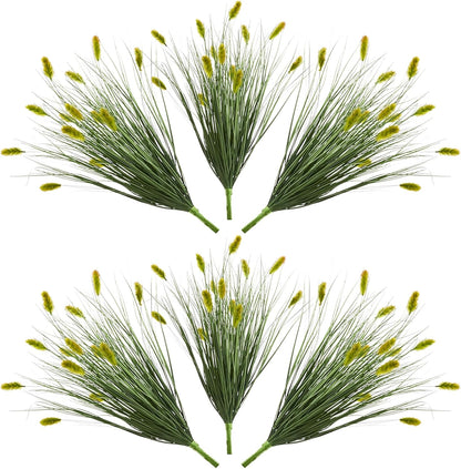 24 inches Extra Lush Artificial Reed Grass (6pcs), Luxury Fake Plants with 10 Heads Dogtail Flower, Luxury Faux Greenery with Dogtail for Garden Porch and Home Decor (Green-10)