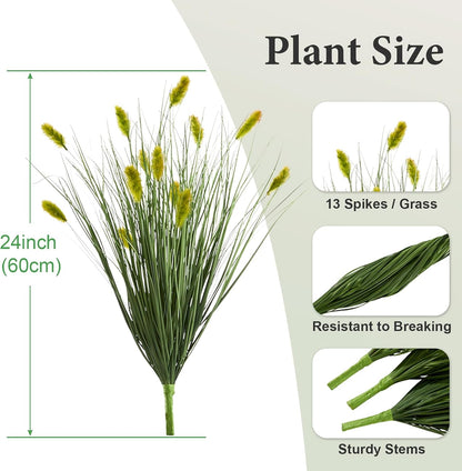 24 inches Extra Lush Artificial Reed Grass (6pcs), Luxury Fake Plants with 10 Heads Dogtail Flower, Luxury Faux Greenery with Dogtail for Garden Porch and Home Decor (Green-10)