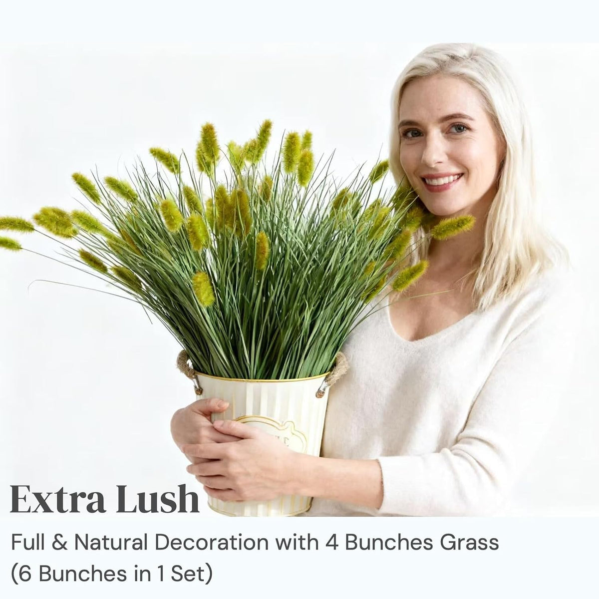 24 inches Extra Lush Artificial Reed Grass (6pcs), Luxury Fake Plants with 10 Heads Dogtail Flower, Luxury Faux Greenery with Dogtail for Garden Porch and Home Decor (Green-10)