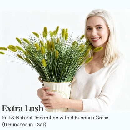24 inches Extra Lush Artificial Reed Grass (6pcs), Luxury Fake Plants with 10 Heads Dogtail Flower, Luxury Faux Greenery with Dogtail for Garden Porch and Home Decor (Green-10)