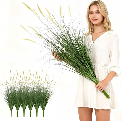 24 inches Extra Lush Artificial Reed Grass (6pcs), Luxury Fake Plants with 10 Heads Dogtail Flower, Luxury Faux Greenery with Dogtail for Garden Porch and Home Decor (Green-10)