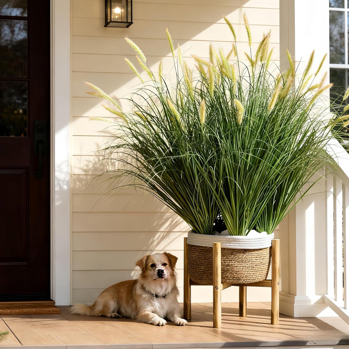 24 inches Extra Lush Artificial Reed Grass (6pcs), Luxury Fake Plants with 10 Heads Dogtail Flower, Luxury Faux Greenery with Dogtail for Garden Porch and Home Decor (Green-10)