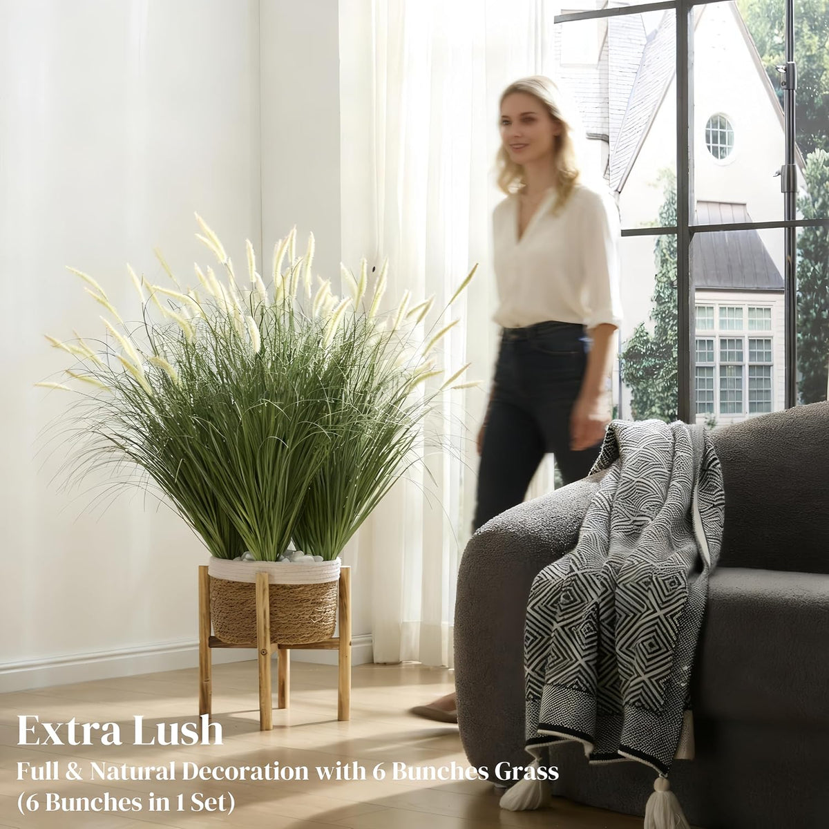 24 inches Extra Lush Artificial Reed Grass (6pcs), Luxury Fake Plants with 10 Heads Dogtail Flower, Luxury Faux Greenery with Dogtail for Garden Porch and Home Decor (Green-10)