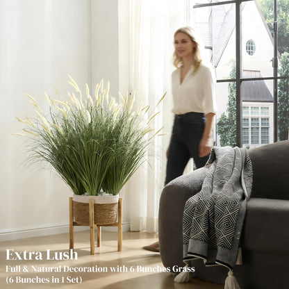 24 inches Extra Lush Artificial Reed Grass (6pcs), Luxury Fake Plants with 10 Heads Dogtail Flower, Luxury Faux Greenery with Dogtail for Garden Porch and Home Decor (Green-10)