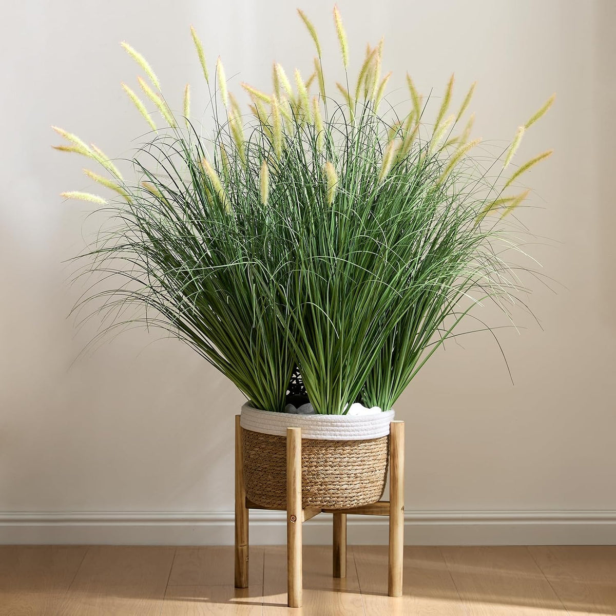 24 inches Extra Lush Artificial Reed Grass (6pcs), Luxury Fake Plants with 10 Heads Dogtail Flower, Luxury Faux Greenery with Dogtail for Garden Porch and Home Decor (Green-10)