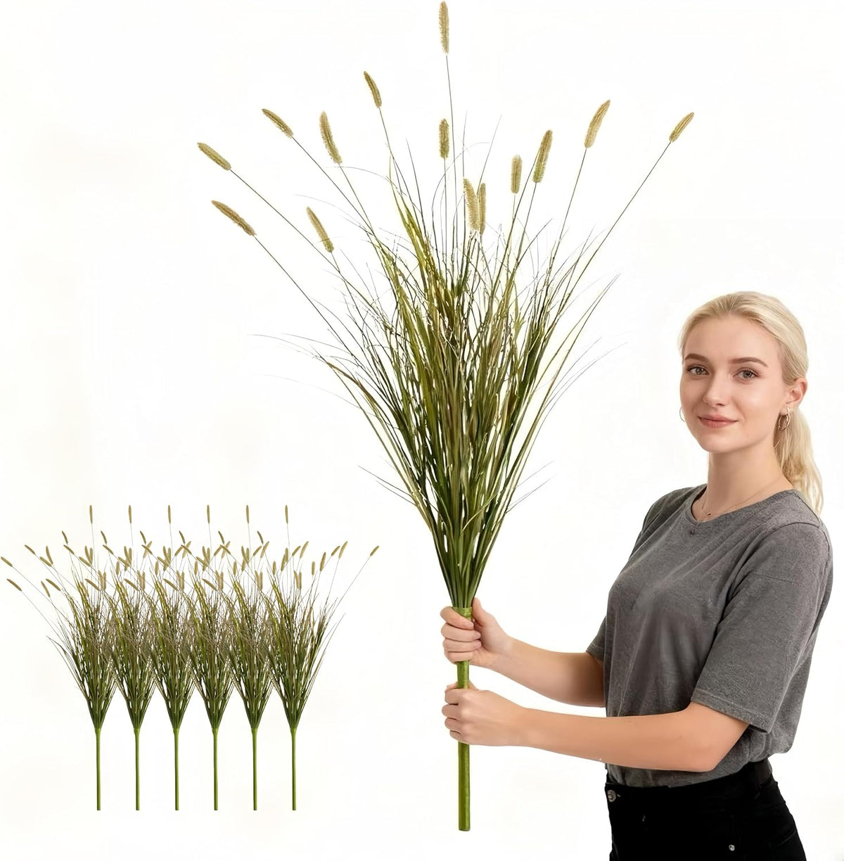 24 inches Extra Lush Artificial Reed Grass (6pcs), Luxury Fake Plants with 10 Heads Dogtail Flower, Luxury Faux Greenery with Dogtail for Garden Porch and Home Decor (Green-10)
