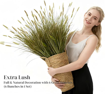 24 inches Extra Lush Artificial Reed Grass (6pcs), Luxury Fake Plants with 10 Heads Dogtail Flower, Luxury Faux Greenery with Dogtail for Garden Porch and Home Decor (Green-10)