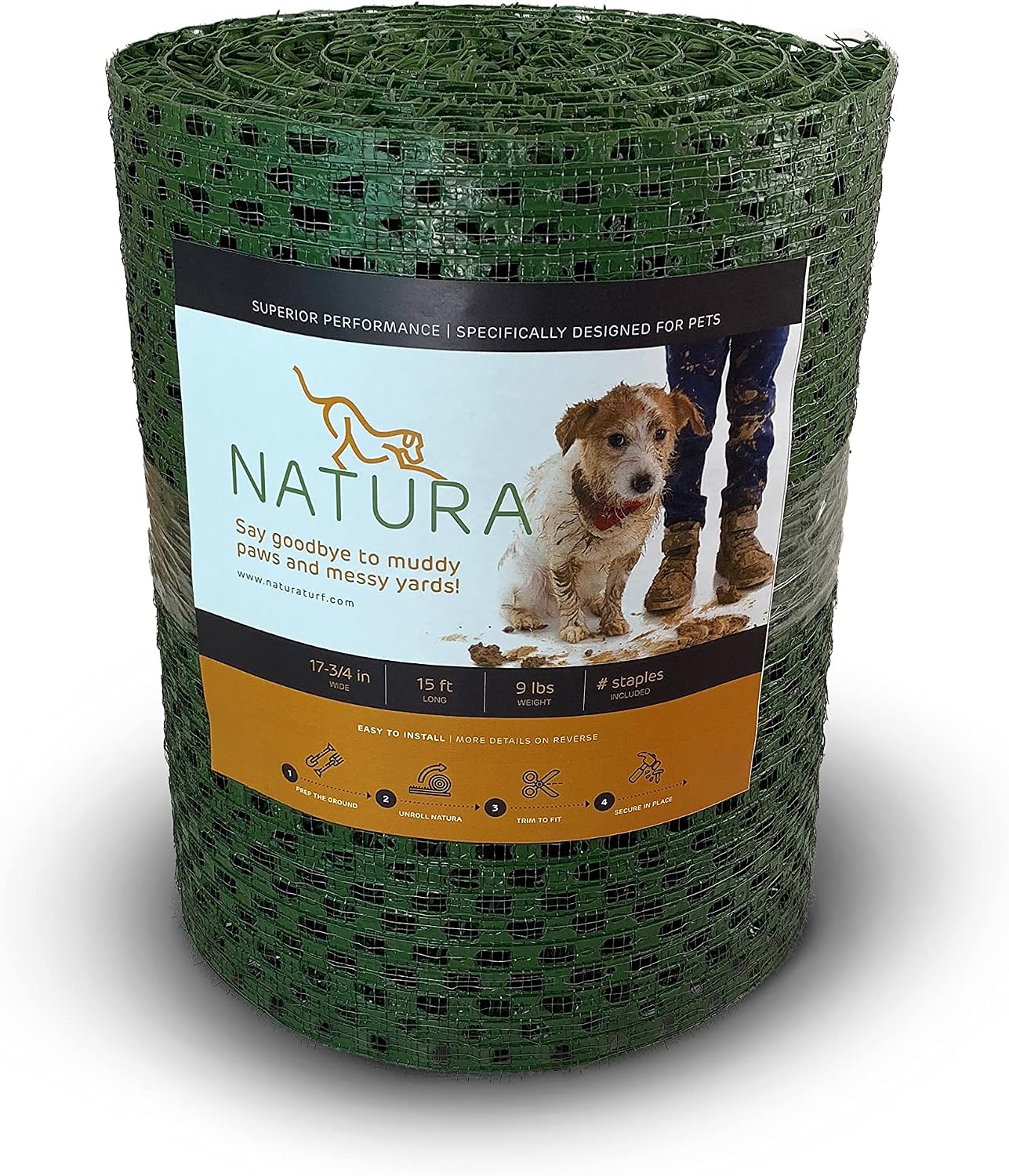 PowerRun 10376807 Outdoor Artificial Grass for Dogs, Turf Grass Patch Blends in with Natural Grass, Keeps Paws and Homes Clean, 1.5 ft. x 15 ft., Green