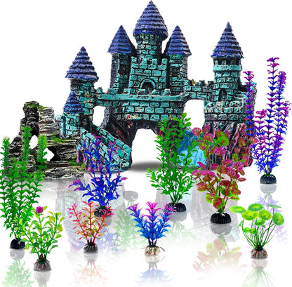 13 Pieces Aquarium Decorations Kit, Fish Tank Decorations Set Small Resin Castle and Rockery Betta Fish Cave Hideout Coral Artificial Plastic Plants Ornament Accessories