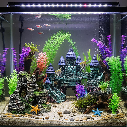 13 Pieces Aquarium Decorations Kit, Fish Tank Decorations Set Small Resin Castle and Rockery Betta Fish Cave Hideout Coral Artificial Plastic Plants Ornament Accessories