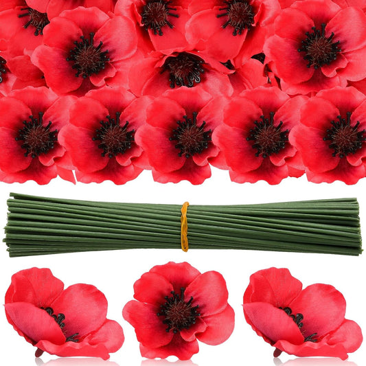 75 Pieces Red Artificial Poppy Flowers, Fake Poppies Head Fake Wildflowers with 6 Inch Flower Branch for Remembrance Veterans Day Wedding Corsages Home Kitchen Decoration