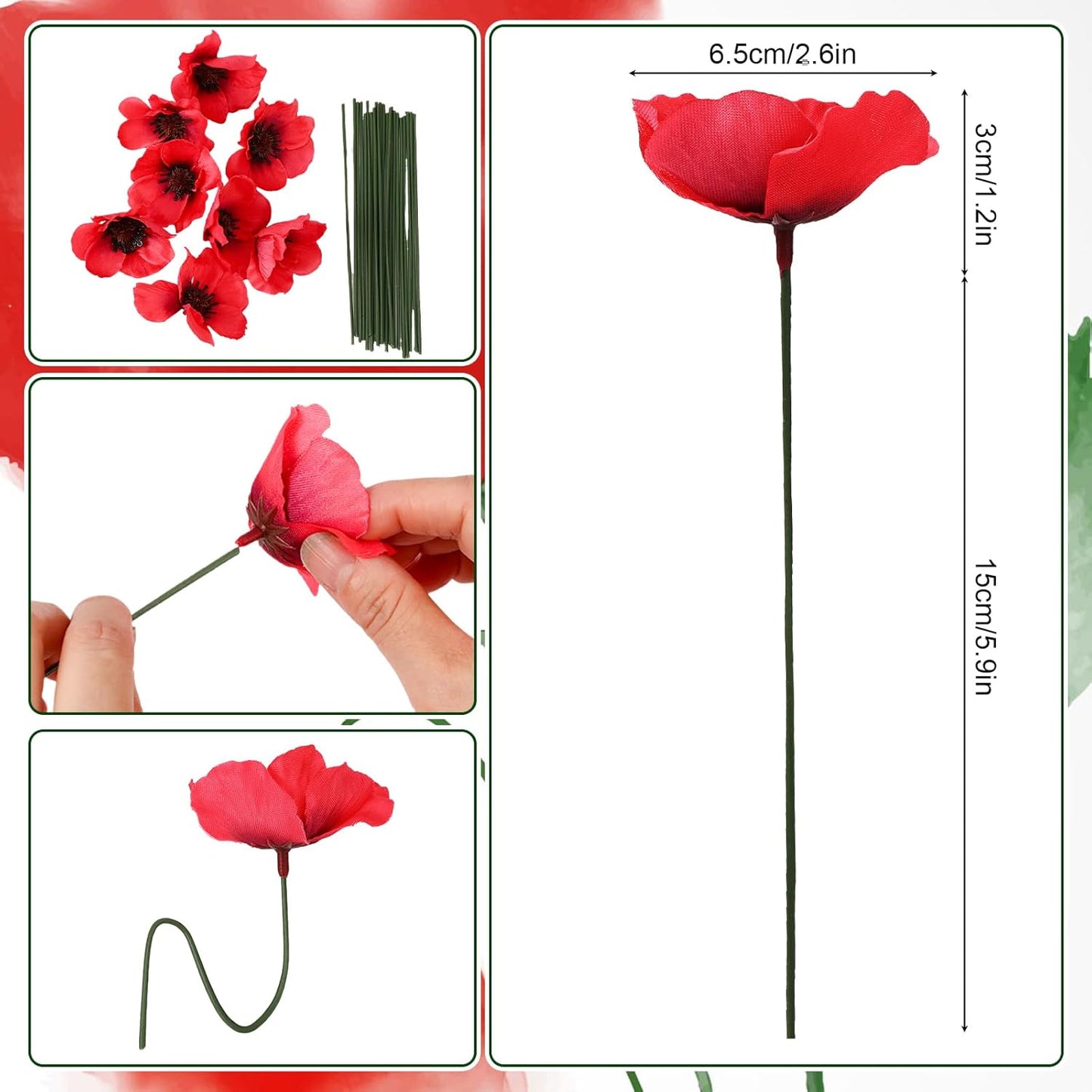 75 Pieces Red Artificial Poppy Flowers, Fake Poppies Head Fake Wildflowers with 6 Inch Flower Branch for Remembrance Veterans Day Wedding Corsages Home Kitchen Decoration