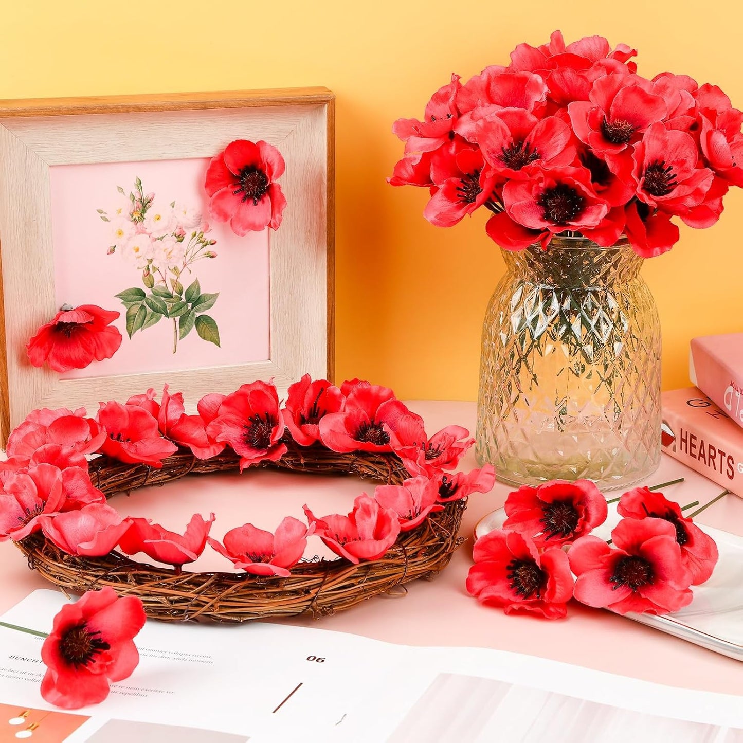 75 Pieces Red Artificial Poppy Flowers, Fake Poppies Head Fake Wildflowers with 6 Inch Flower Branch for Remembrance Veterans Day Wedding Corsages Home Kitchen Decoration
