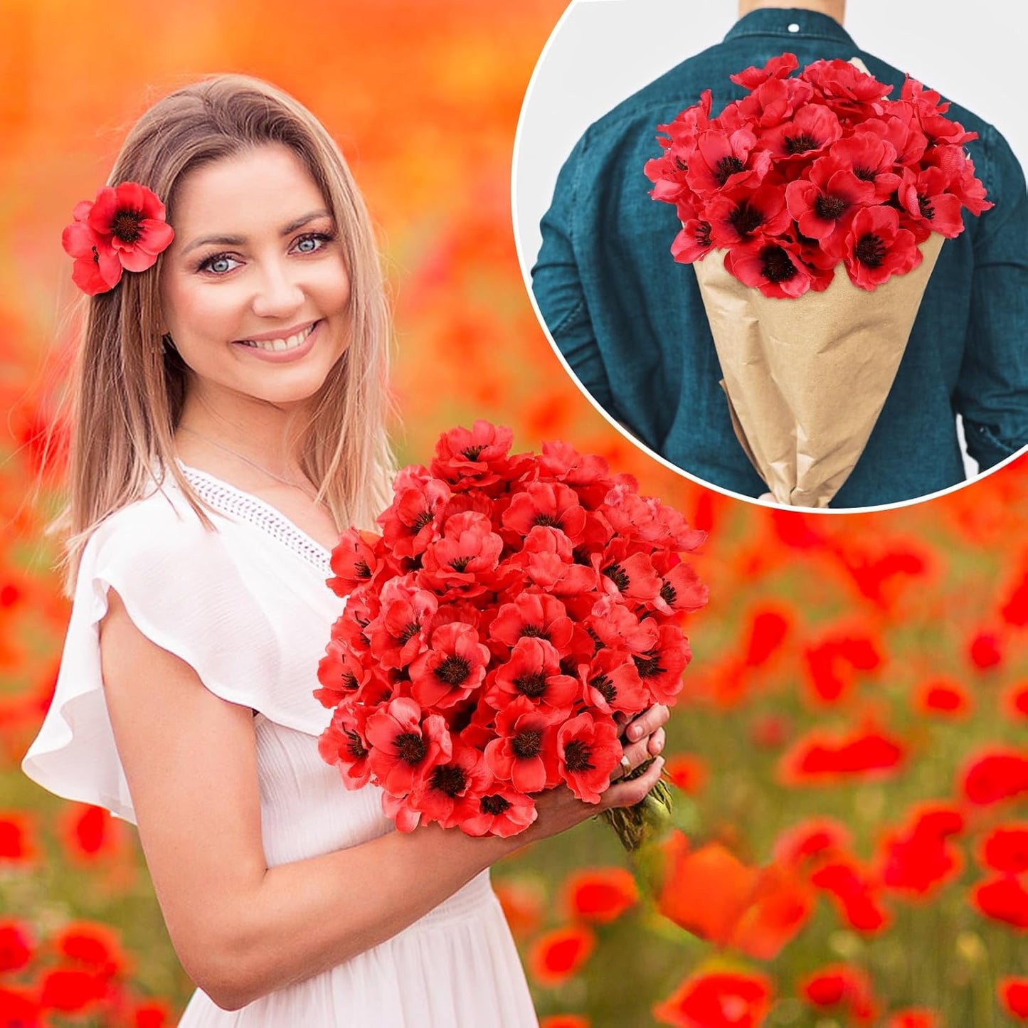 75 Pieces Red Artificial Poppy Flowers, Fake Poppies Head Fake Wildflowers with 6 Inch Flower Branch for Remembrance Veterans Day Wedding Corsages Home Kitchen Decoration