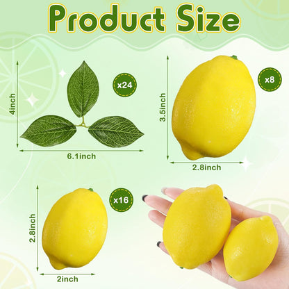 24 Pcs Fake Lemons 3.5 Inch and 2.8 Inch Yellow Artificial Lemons, 24 Pcs Faux Lemon Leaves Lifelike Simulation Fake Lemon Decor for Home Kitchen Table Cabinet Holiday Party Photography Props