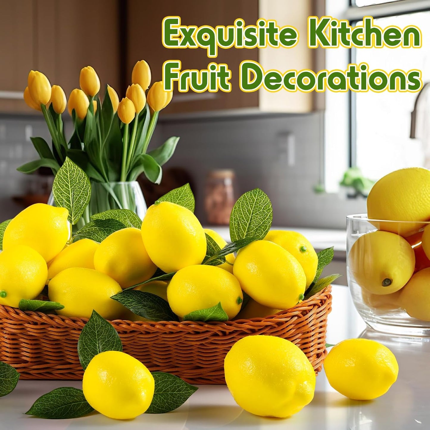 24 Pcs Fake Lemons 3.5 Inch and 2.8 Inch Yellow Artificial Lemons, 24 Pcs Faux Lemon Leaves Lifelike Simulation Fake Lemon Decor for Home Kitchen Table Cabinet Holiday Party Photography Props