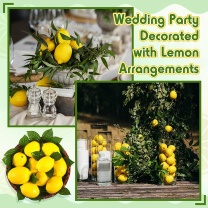 24 Pcs Fake Lemons 3.5 Inch and 2.8 Inch Yellow Artificial Lemons, 24 Pcs Faux Lemon Leaves Lifelike Simulation Fake Lemon Decor for Home Kitchen Table Cabinet Holiday Party Photography Props