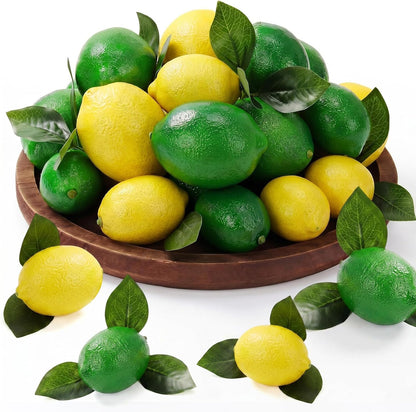 24 Pcs Fake Lemons 3.5 Inch and 2.8 Inch Yellow Artificial Lemons, 24 Pcs Faux Lemon Leaves Lifelike Simulation Fake Lemon Decor for Home Kitchen Table Cabinet Holiday Party Photography Props