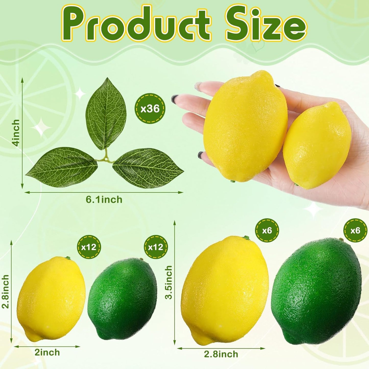 24 Pcs Fake Lemons 3.5 Inch and 2.8 Inch Yellow Artificial Lemons, 24 Pcs Faux Lemon Leaves Lifelike Simulation Fake Lemon Decor for Home Kitchen Table Cabinet Holiday Party Photography Props