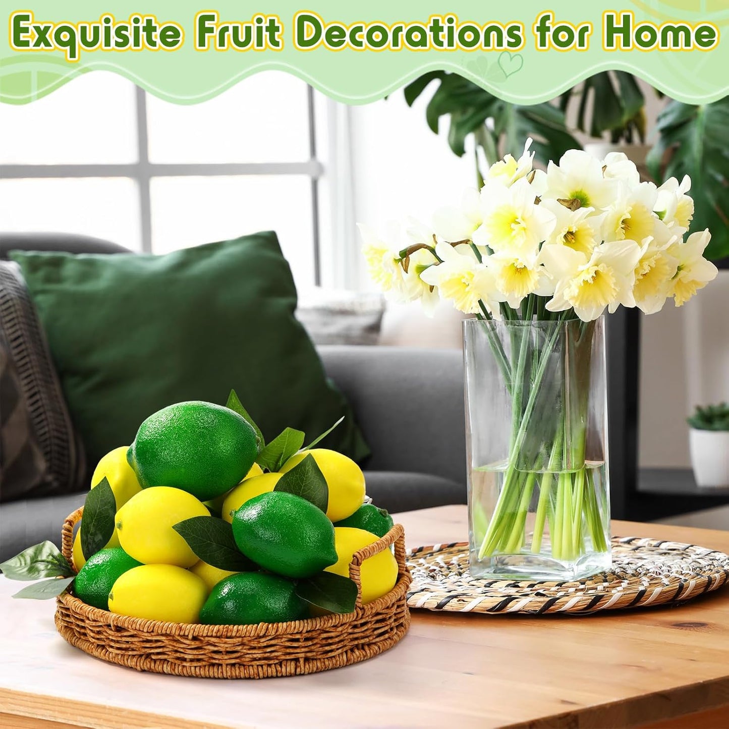 24 Pcs Fake Lemons 3.5 Inch and 2.8 Inch Yellow Artificial Lemons, 24 Pcs Faux Lemon Leaves Lifelike Simulation Fake Lemon Decor for Home Kitchen Table Cabinet Holiday Party Photography Props