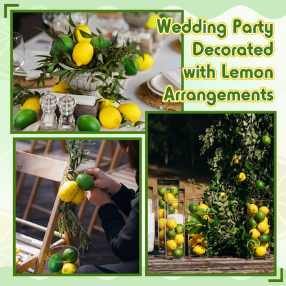 24 Pcs Fake Lemons 3.5 Inch and 2.8 Inch Yellow Artificial Lemons, 24 Pcs Faux Lemon Leaves Lifelike Simulation Fake Lemon Decor for Home Kitchen Table Cabinet Holiday Party Photography Props