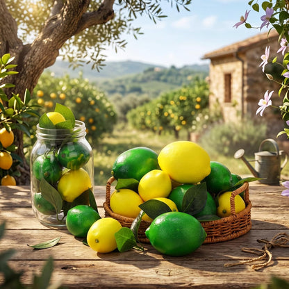 24 Pcs Fake Lemons 3.5 Inch and 2.8 Inch Yellow Artificial Lemons, 24 Pcs Faux Lemon Leaves Lifelike Simulation Fake Lemon Decor for Home Kitchen Table Cabinet Holiday Party Photography Props