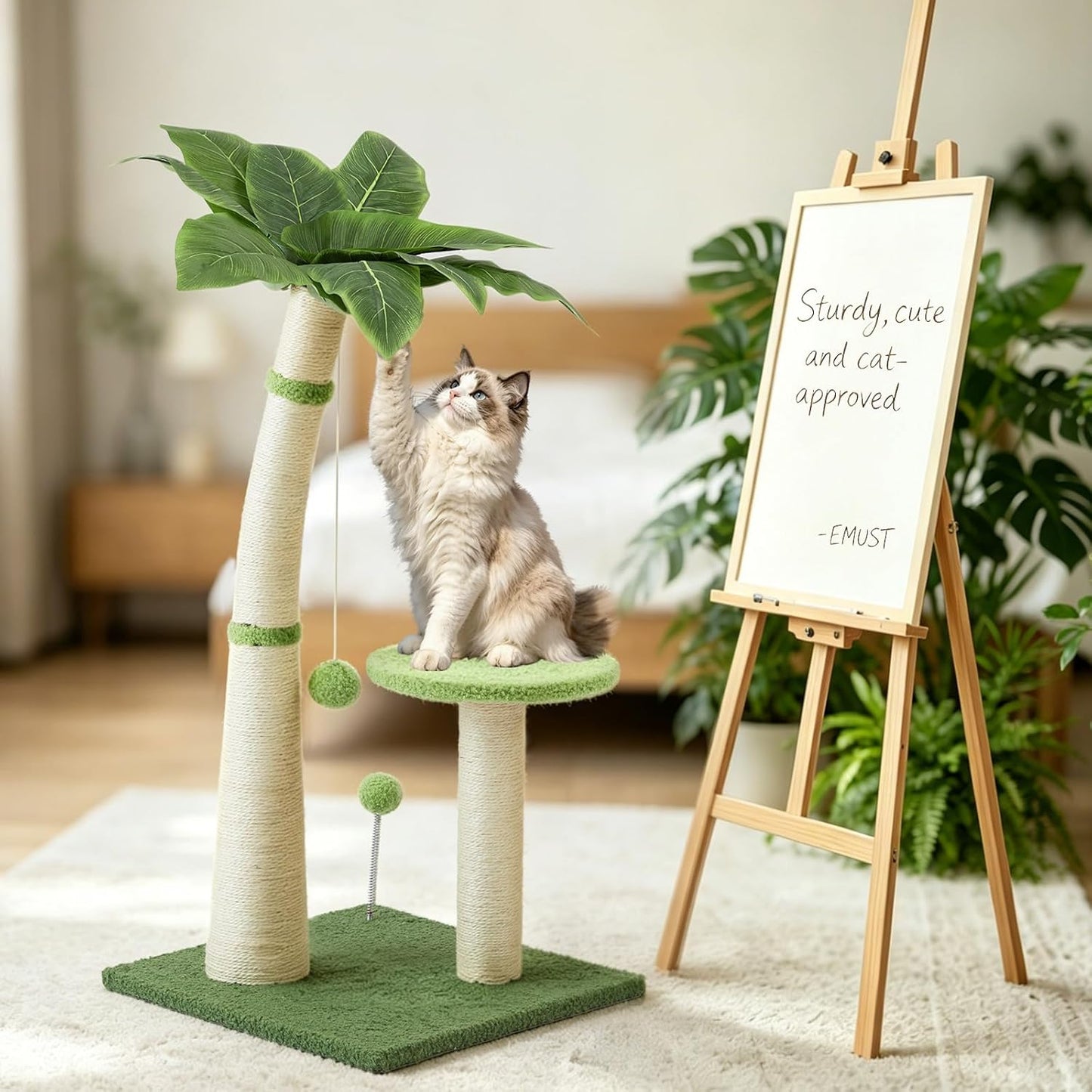 Cat Scratching Post - Natural Sisal Rope, 29 inch Scratching Post for Indoor Kittens & Small Cats, Height-Adjustable to 42.5 inch with Hanging & Spring Ball, Protect Furniture Cat Scratcher Post