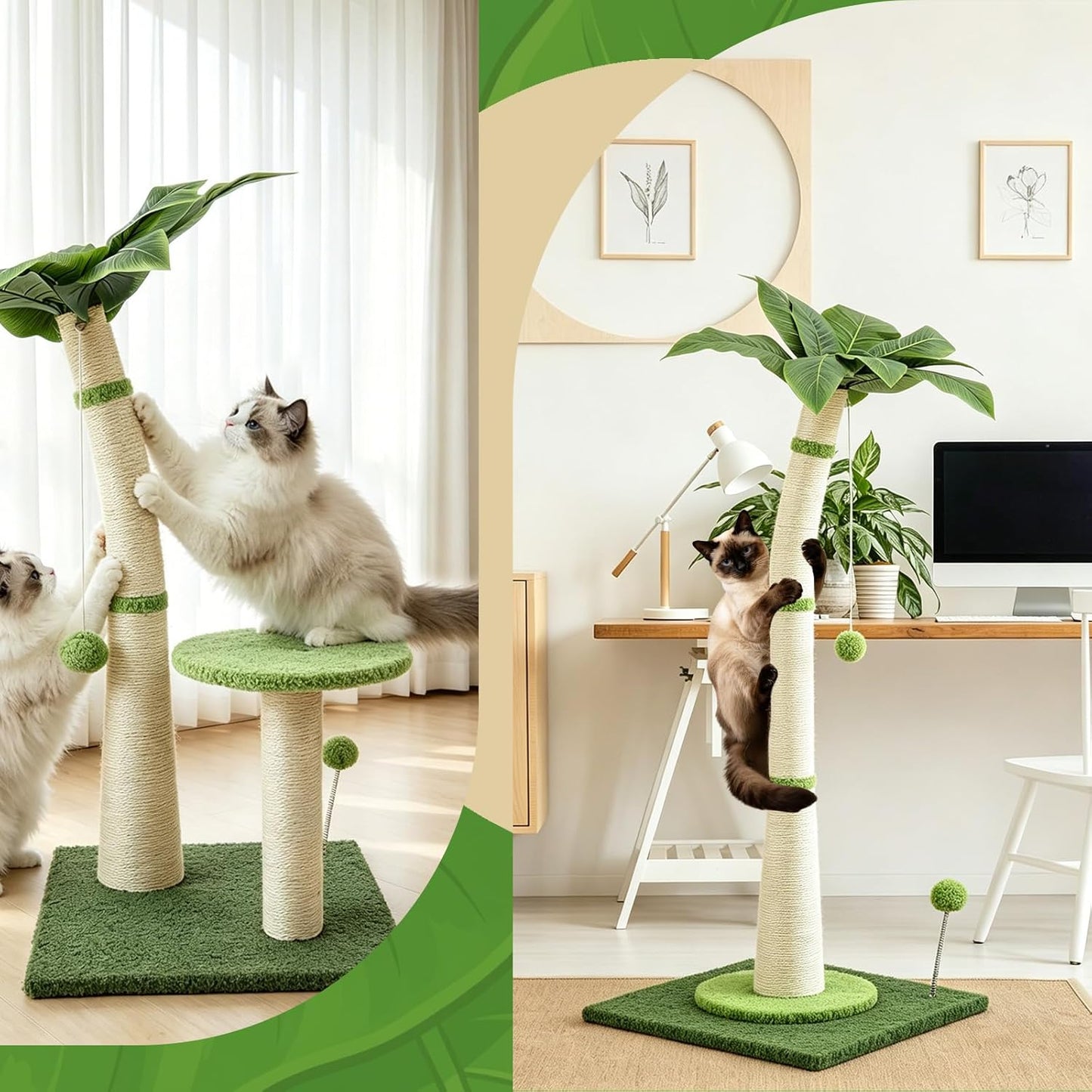 Cat Scratching Post - Natural Sisal Rope, 29 inch Scratching Post for Indoor Kittens & Small Cats, Height-Adjustable to 42.5 inch with Hanging & Spring Ball, Protect Furniture Cat Scratcher Post